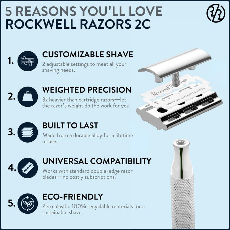 ROCKWELL RAZORS 2C White Chrome Double Edge Safety Razor With Adjustable Shave Settings and 5 Fully Recyclable Razor Blades. Reusable Safety Razors for Men and Women. - Image 2
